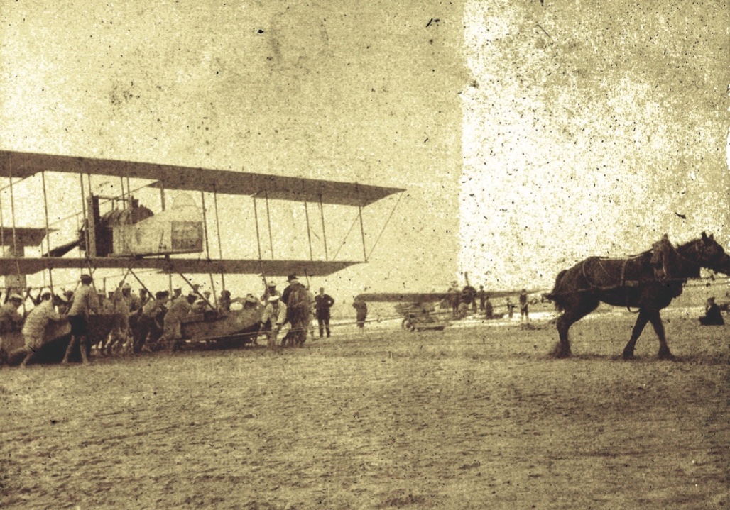 A Maurice Farman towed by horse